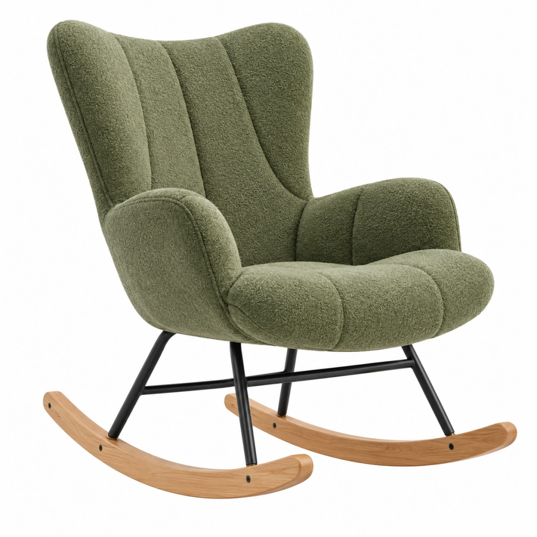 Sillón mecedora 75 x 95 x 105 cm en tela bouclé verde con estructura de metal y madera