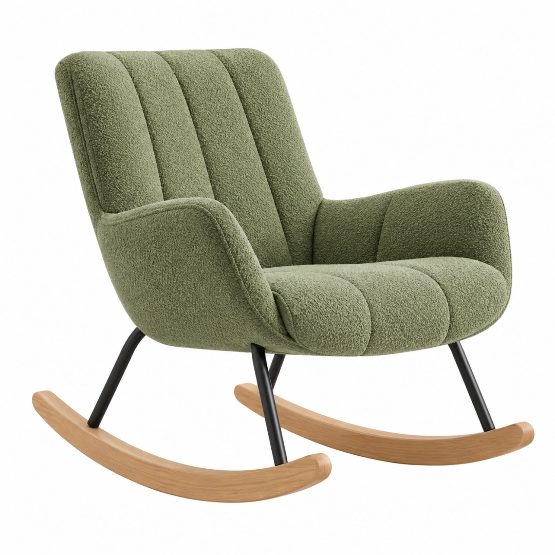 Sillón mecedora 75 x 90 x 95 cm de tela bouclé verde con patas de madera y metal