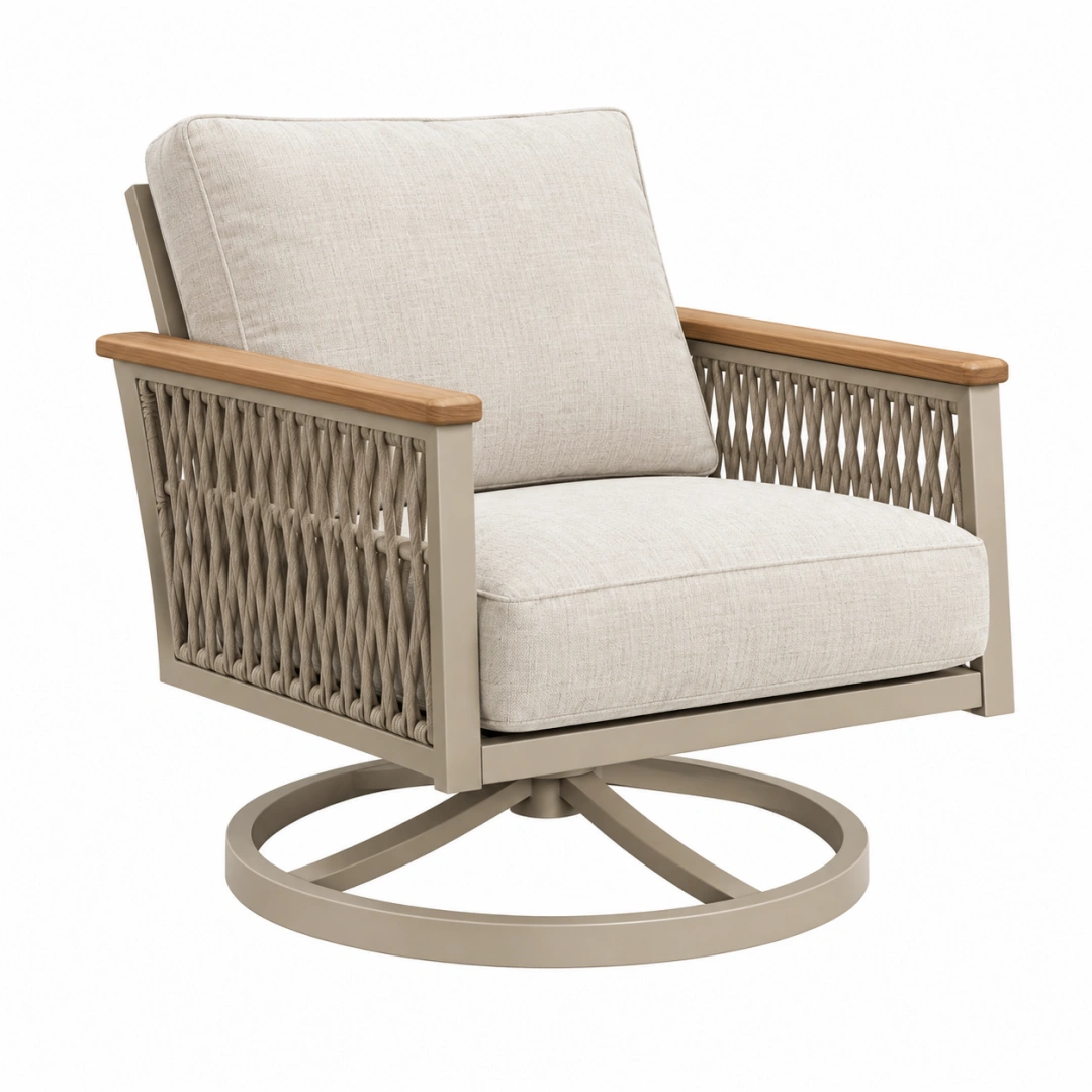Sillón giratorio de exterior 75 x 80 x 90 cm con cuerda tejida beige y cojines textiles