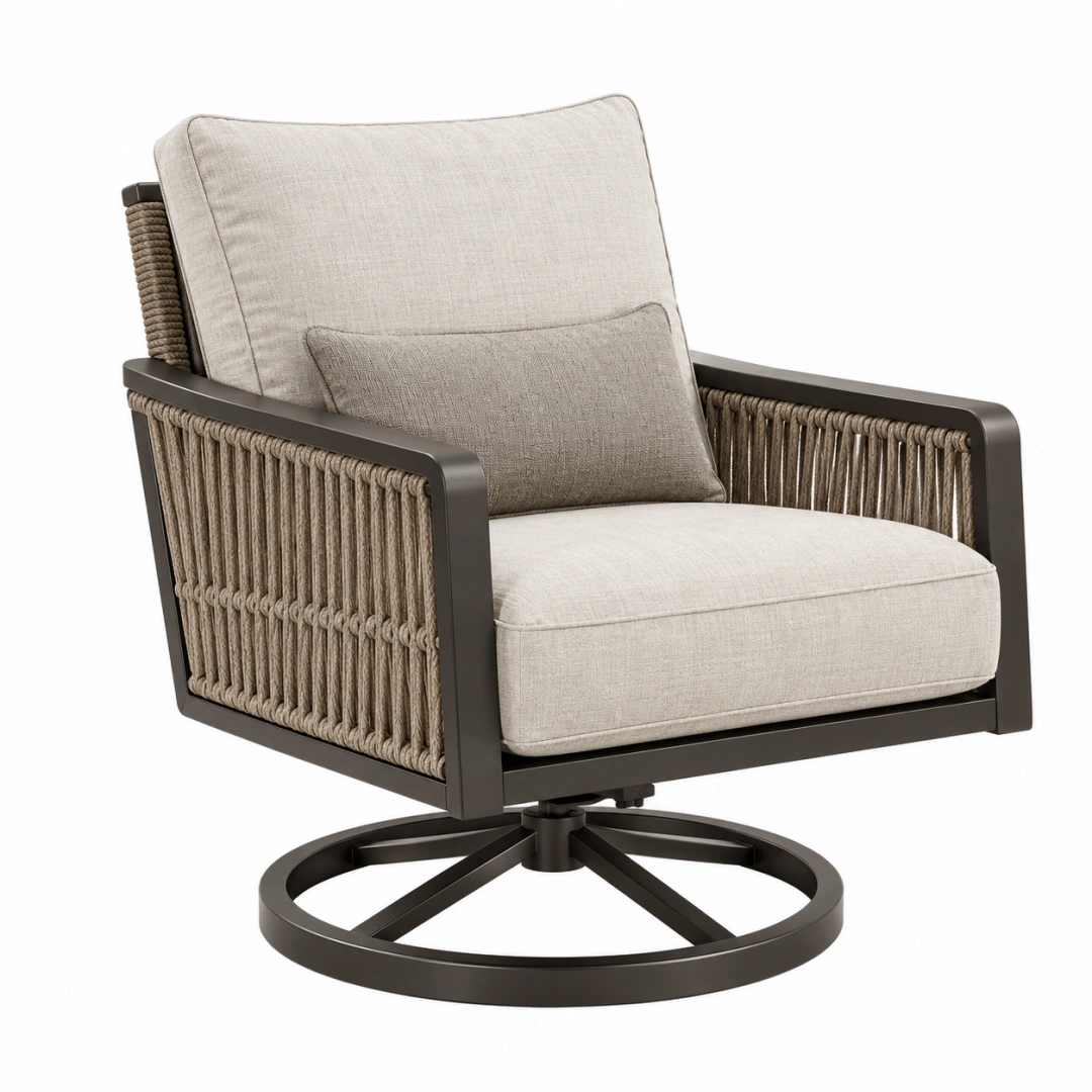 Sillón giratorio 82 x 85 x 88 cm de metal y cuerda beige para exterior