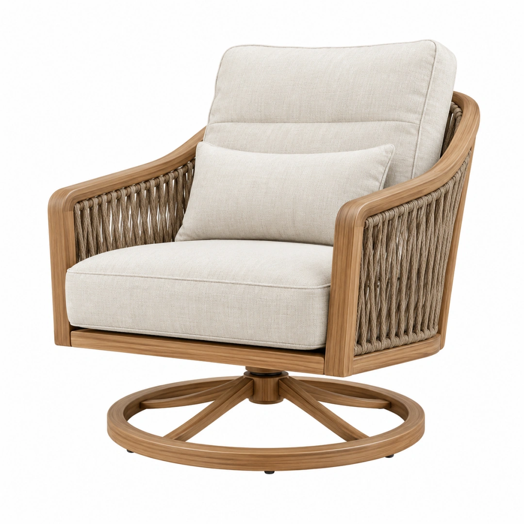 Sillón giratorio 78 x 82 x 92 cm de madera y cuerda beige para interior