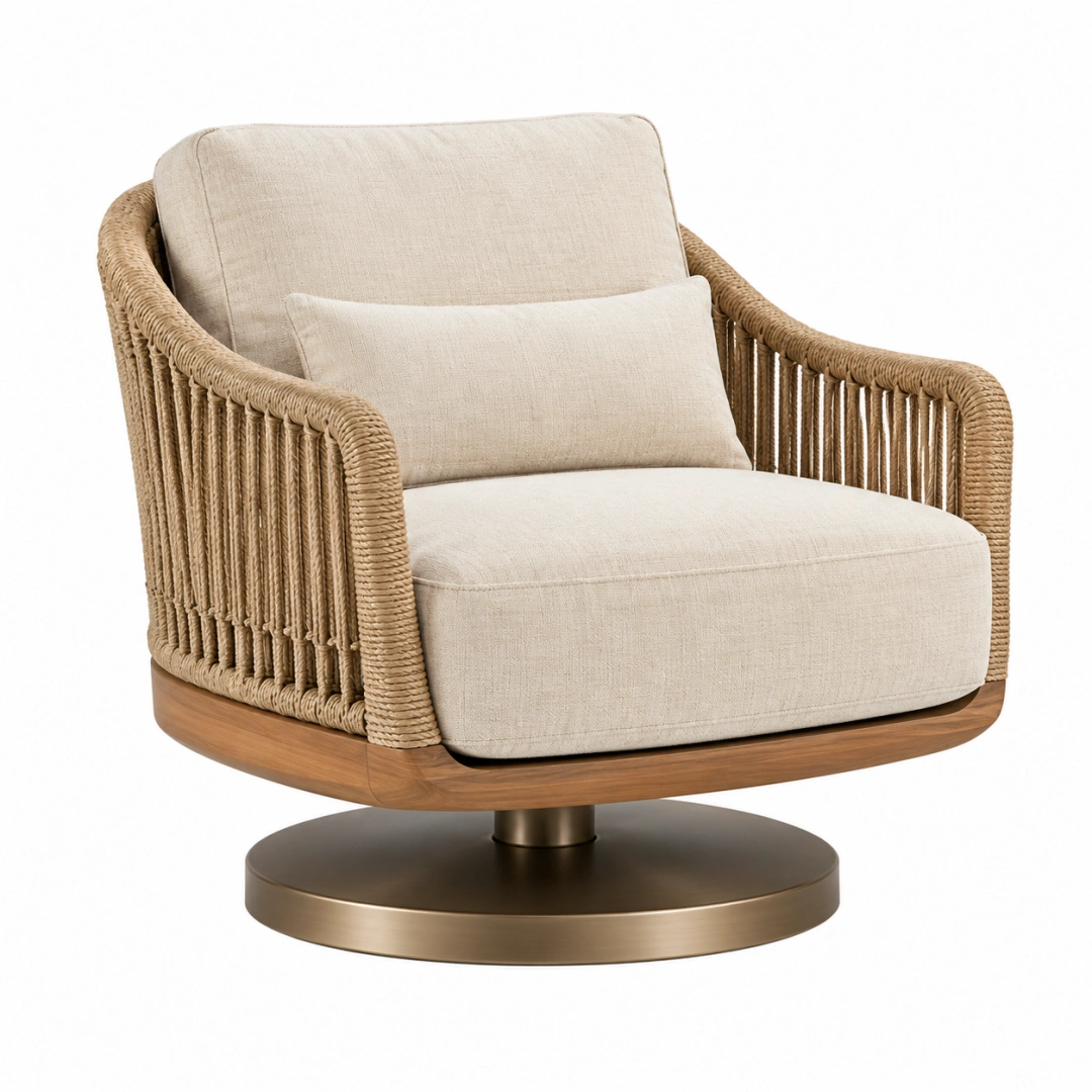 Sillón giratorio 85 x 85 x 82 cm de madera fibra trenzada y metal beige para salón
