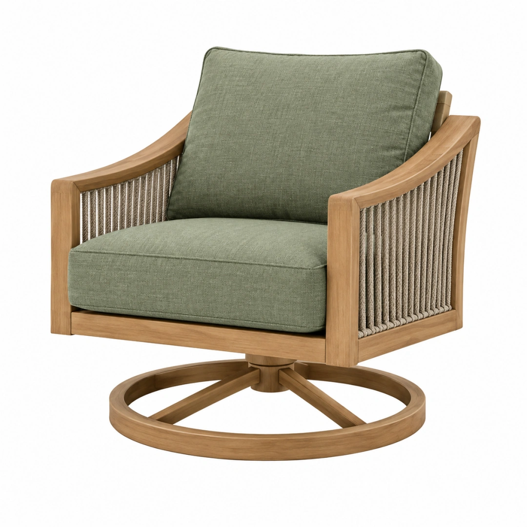 Sillón giratorio 80 x 85 x 86 cm de madera con cuerda trenzada verde