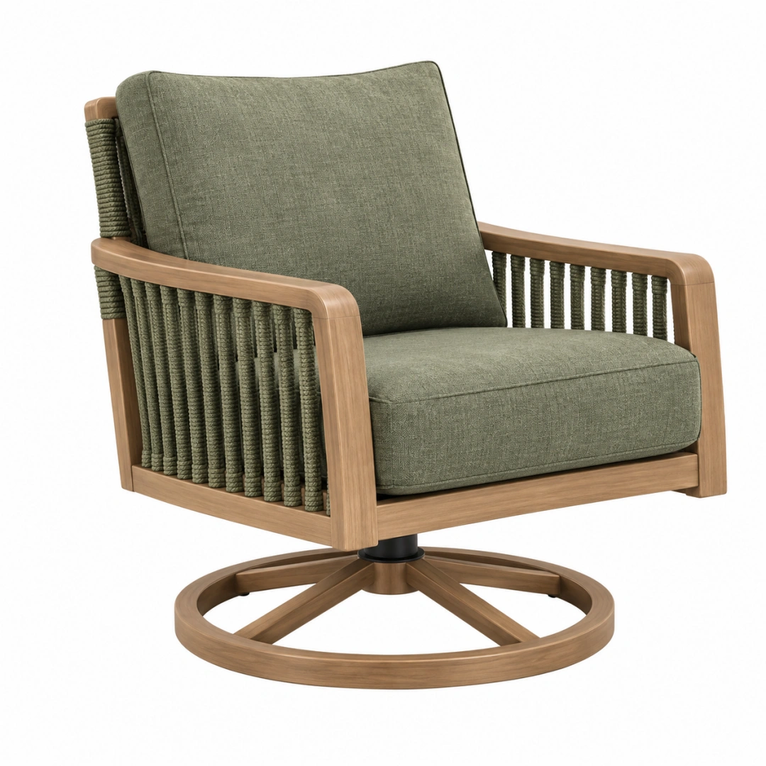 Sillón giratorio 82 x 85 x 88 cm de madera y cuerda verde estilo natural
