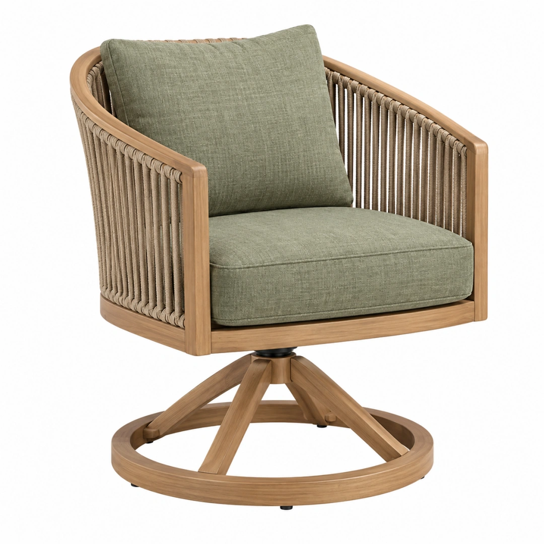 Sillón giratorio 78 x 75 x 85 cm de madera y cuerda natural verde para interior