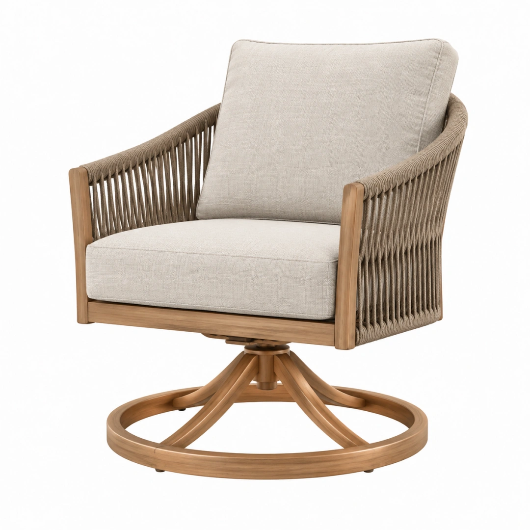 Sillón giratorio 78 x 80 x 88 cm de madera y cuerda beige para exterior