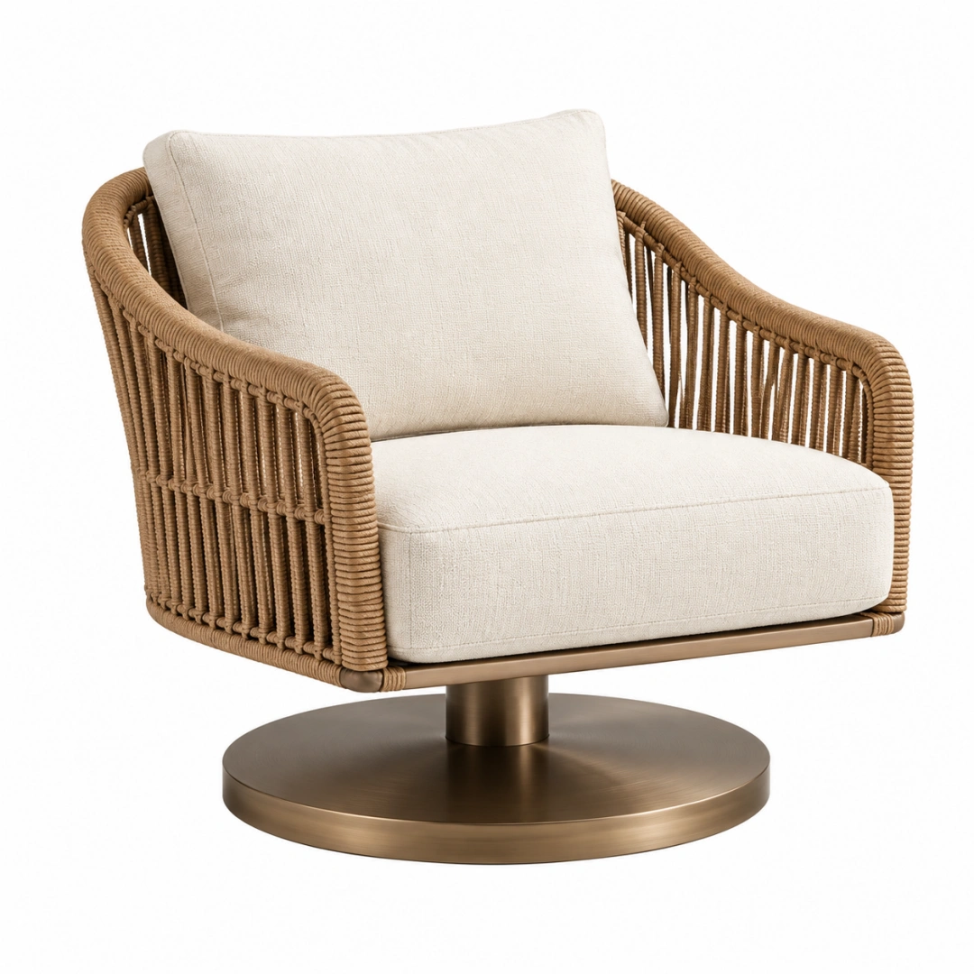 Sillón giratorio 78 x 82 x 84 cm en cuerda trenzada beige con base metálica