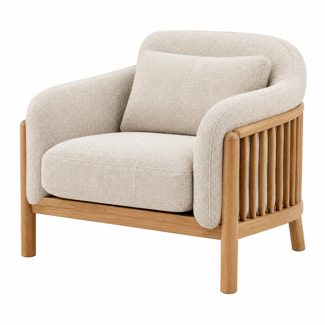 Sillón 82 x 80 x 78 cm tapizado crema con estructura de madera para salón
