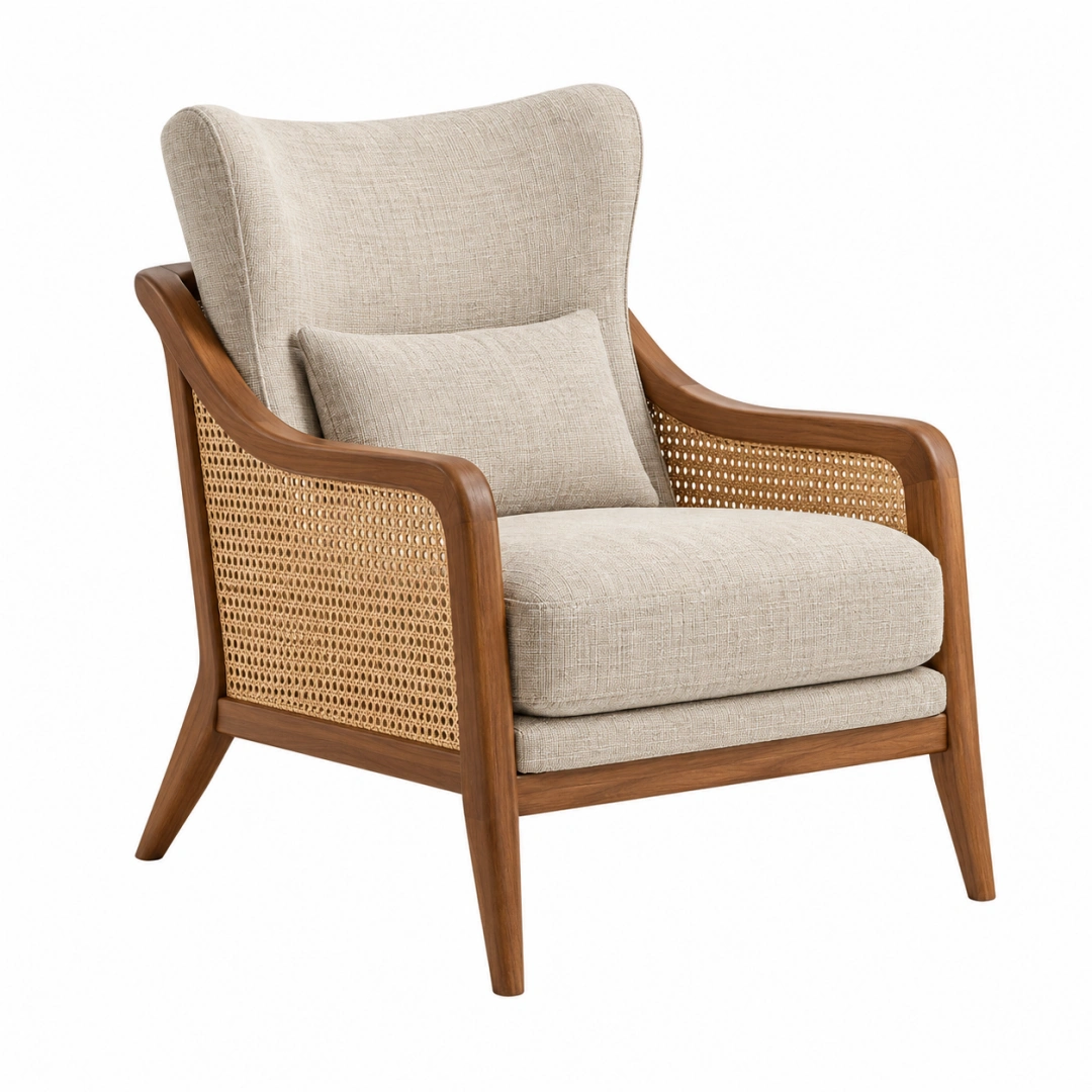 Sillón de salón 72 x 78 x 94 cm de madera beige y marrón con rejilla de ratán estilo retro