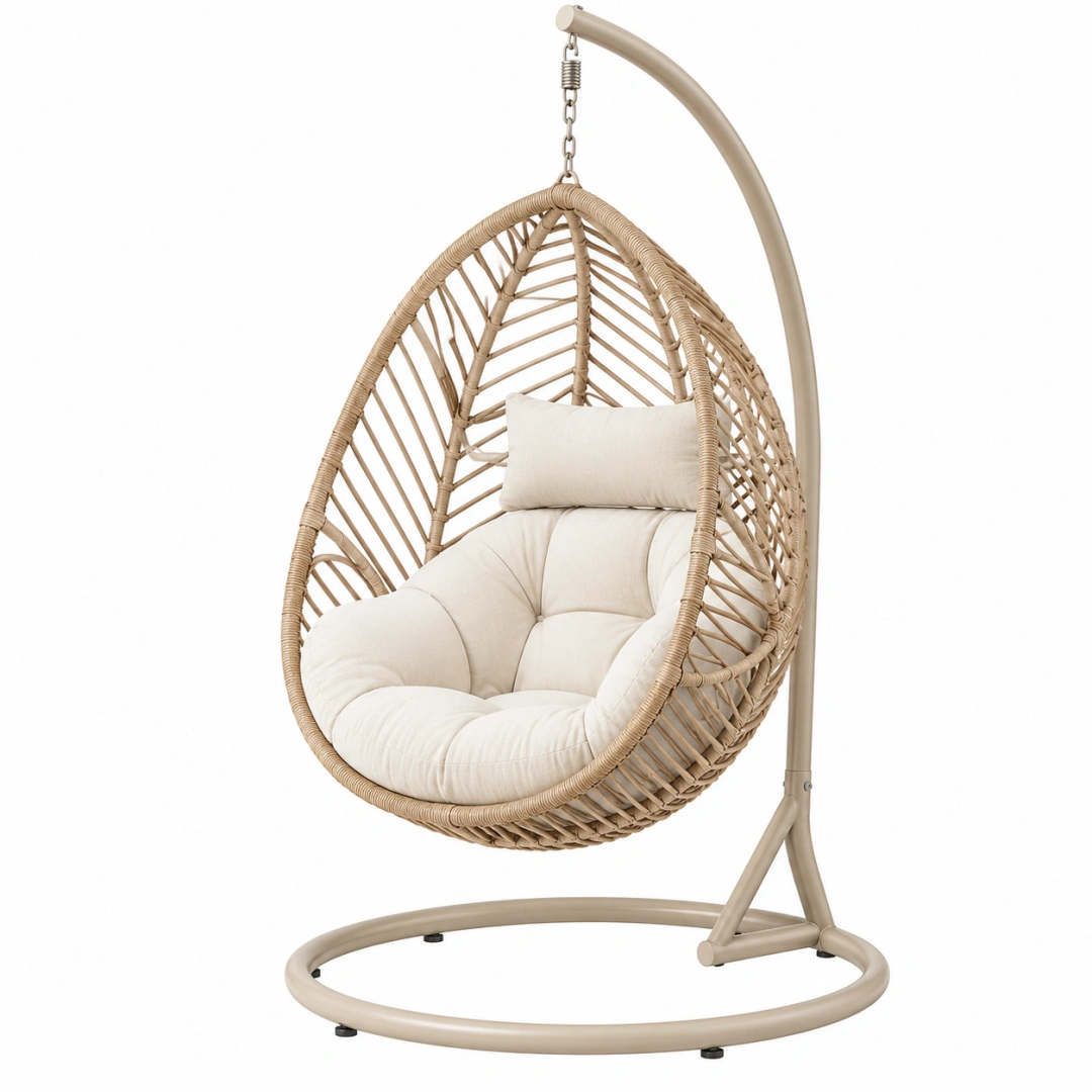 Sillón colgante 105 x 105 x 195 cm de ratán beige con base metálica para interior estilo bohemio