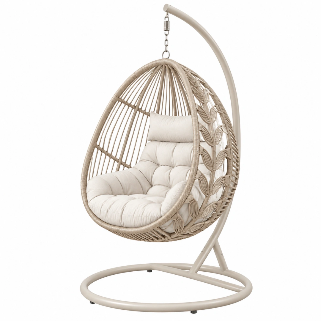 Sillón colgante 105 x 105 x 195 cm de ratán sintético beige con soporte de metal para interior y exterior cubierto