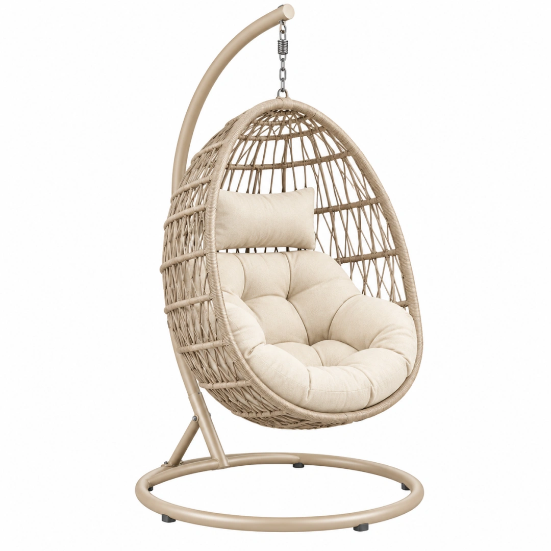 Sillón colgante 105 x 105 x 195 cm de ratán beige con soporte metálico para interior y exterior