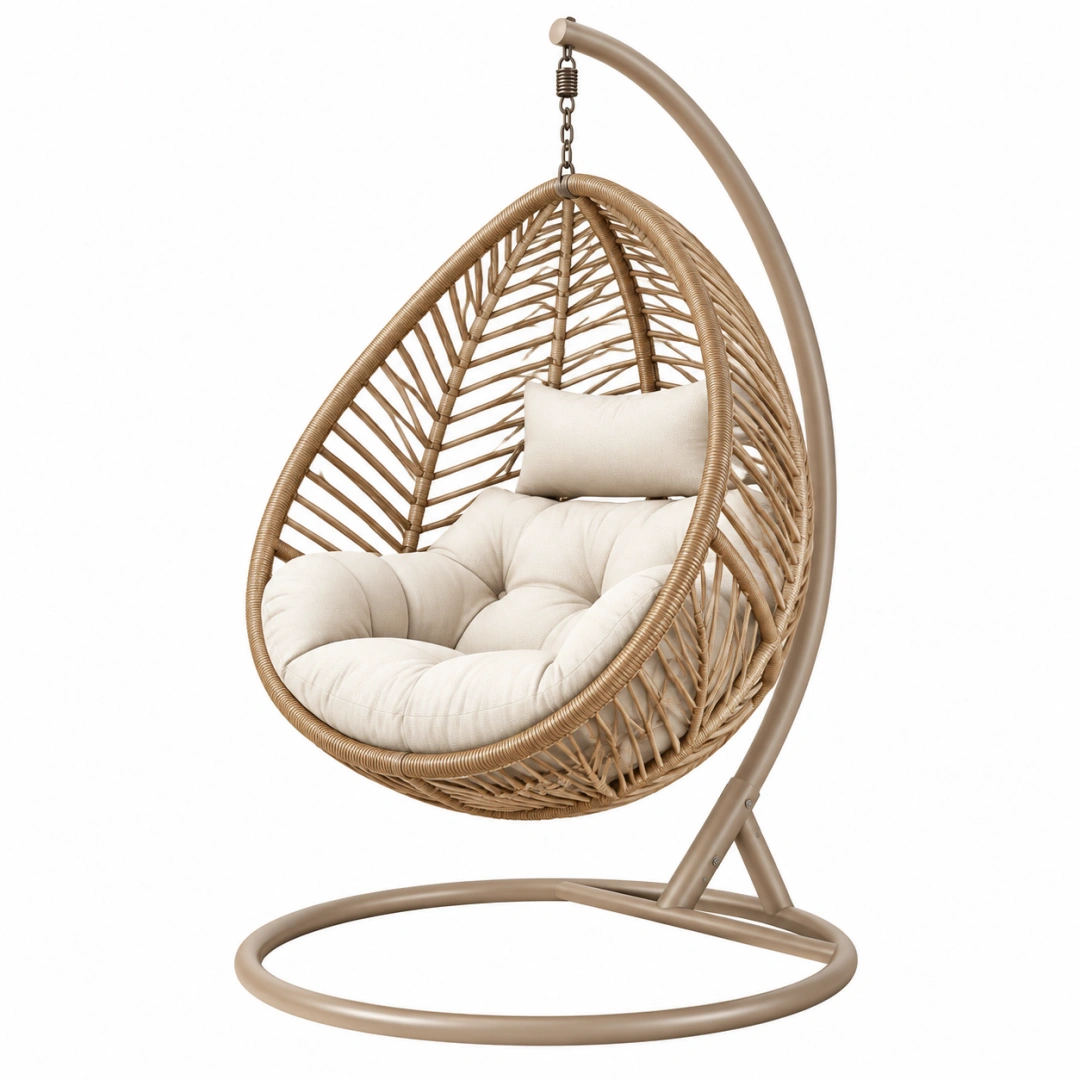 Sillón colgante 105 x 105 x 195 cm de ratán sintético beige con estructura de metal para interior