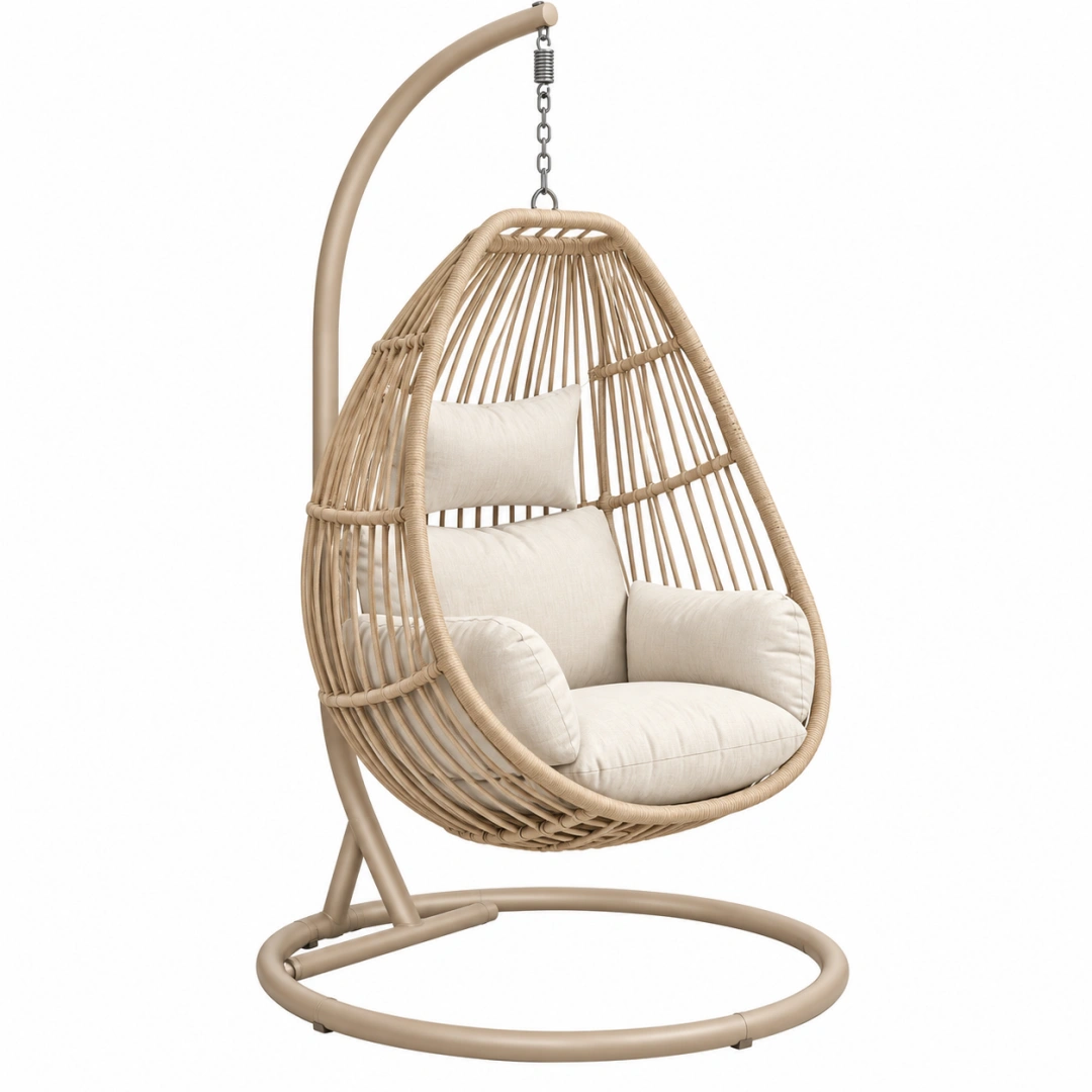 Silla colgante 105 x 105 x 195 cm de ratán beige para jardín con soporte oscilante