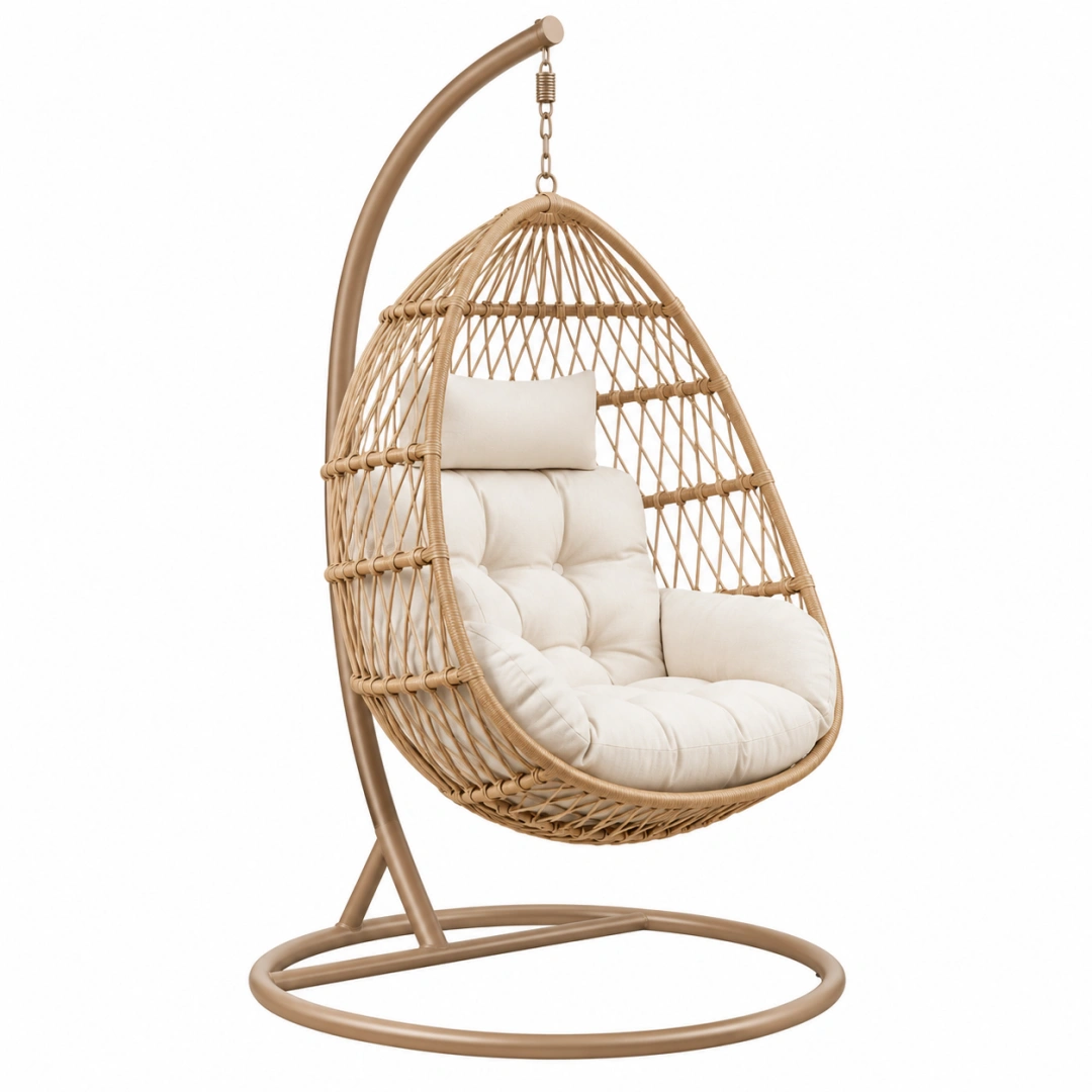 Sillón colgante 105 x 95 x 195 cm de ratán y metal beige para interior estilo bohemio