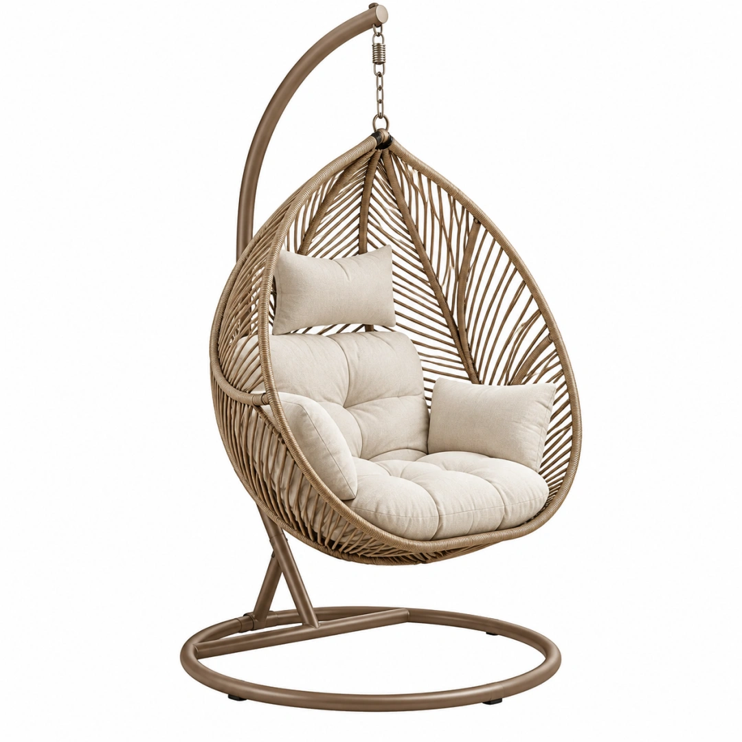 Sillón colgante 110 x 110 x 195 cm de ratán trenzado beige con soporte de acero estilo bohemio