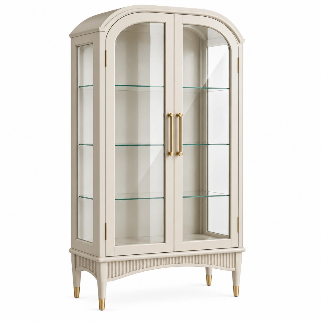 Vitrina 90 x 45 x 190 cm de madera y vidrio beige con puertas dobles estilo clásico