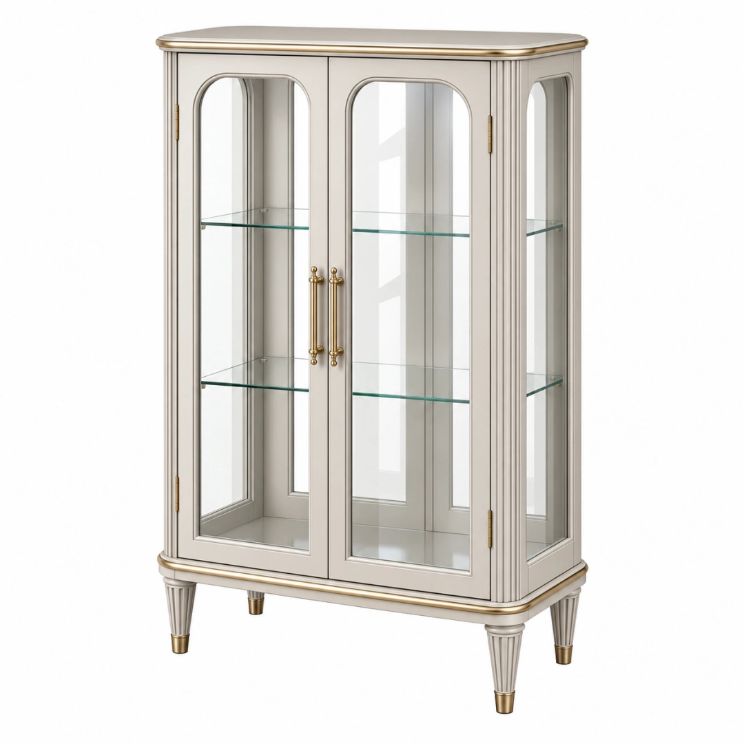 Vitrina 100 x 40 x 160 cm de madera y vidrio beige dorado con puertas para salón